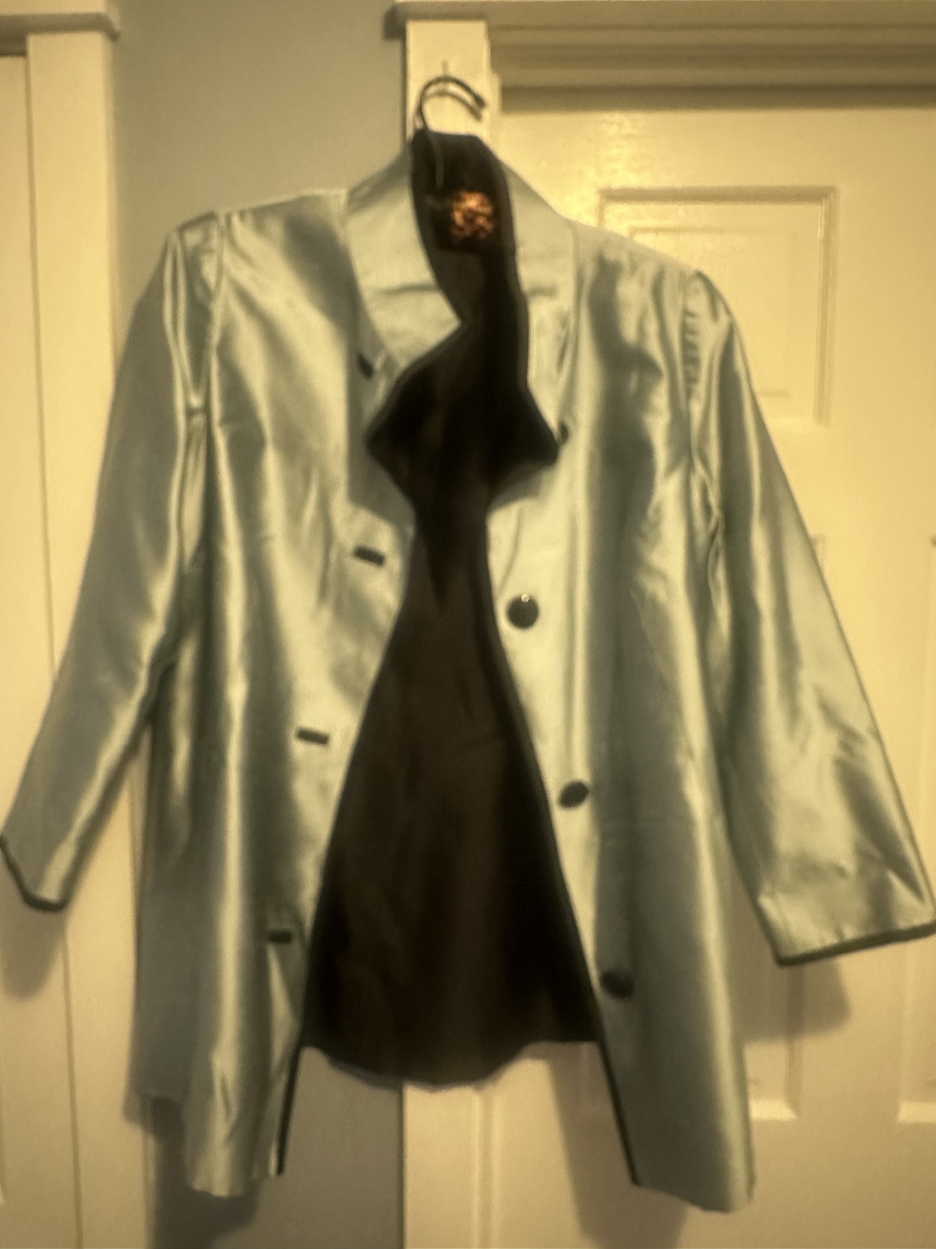 Per Se Satin Light Blue And Black Womenâs Reversible Long Coat Jacket